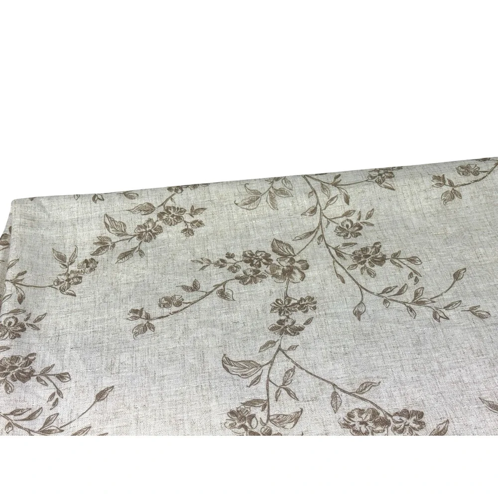 Pair Neutral Linen Curtains Drapes Natural Beige & Brown Floral Print 2 Panels